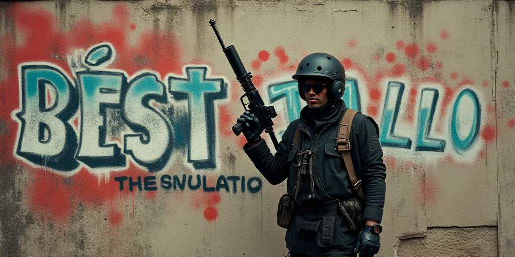 a man standing next to a wall with graffiti on it and a gun in his hand and a helmet on, Carlos Tril