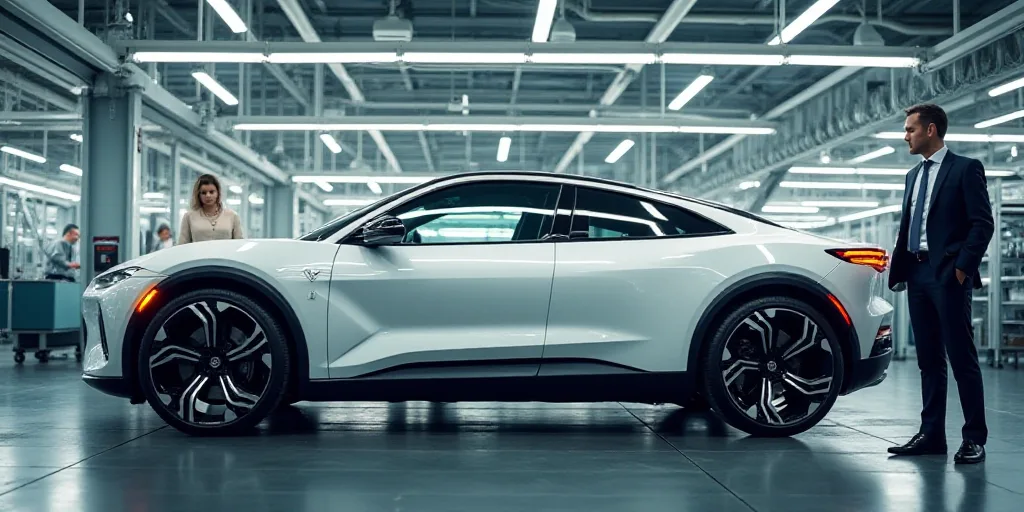 a man standing next to a white car on a assembly line with a man looking at it and a woman standing