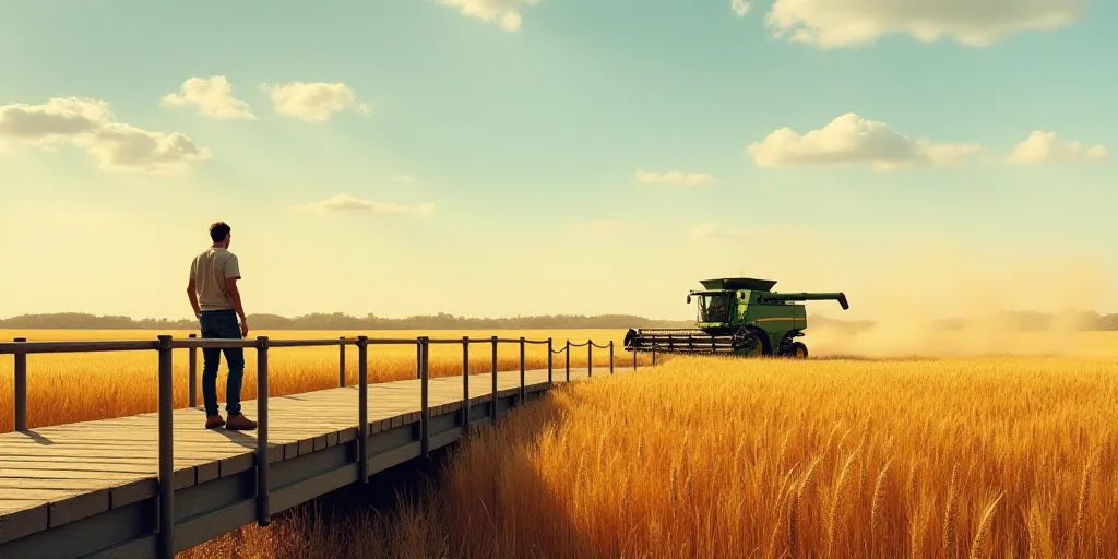 a man standing on a bridge over a field of grain next to a tractor and a combine truck in the distan