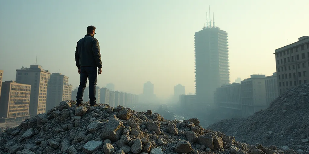 a man standing on a pile of rubble in a city with a building in the background and a sky background,