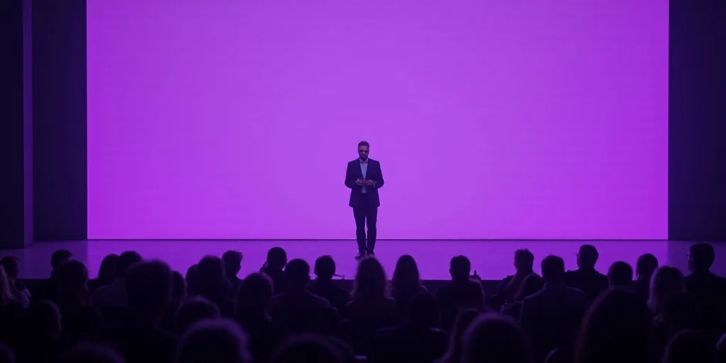 a man standing on a stage giving a speech to a crowd of people in front of a purple wall, Agustín F