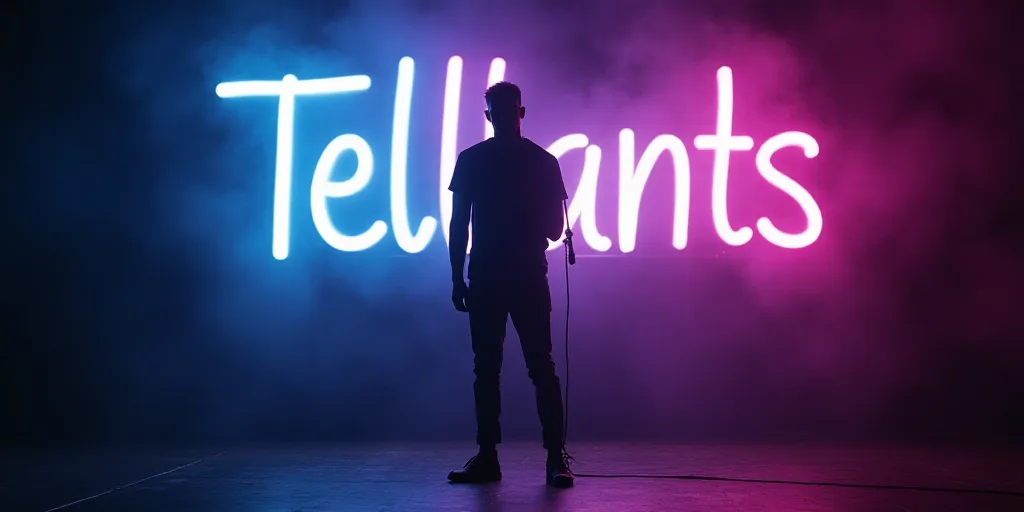 a man standing on a stage with a microphone in his hand and a sign behind him that says telllants, E
