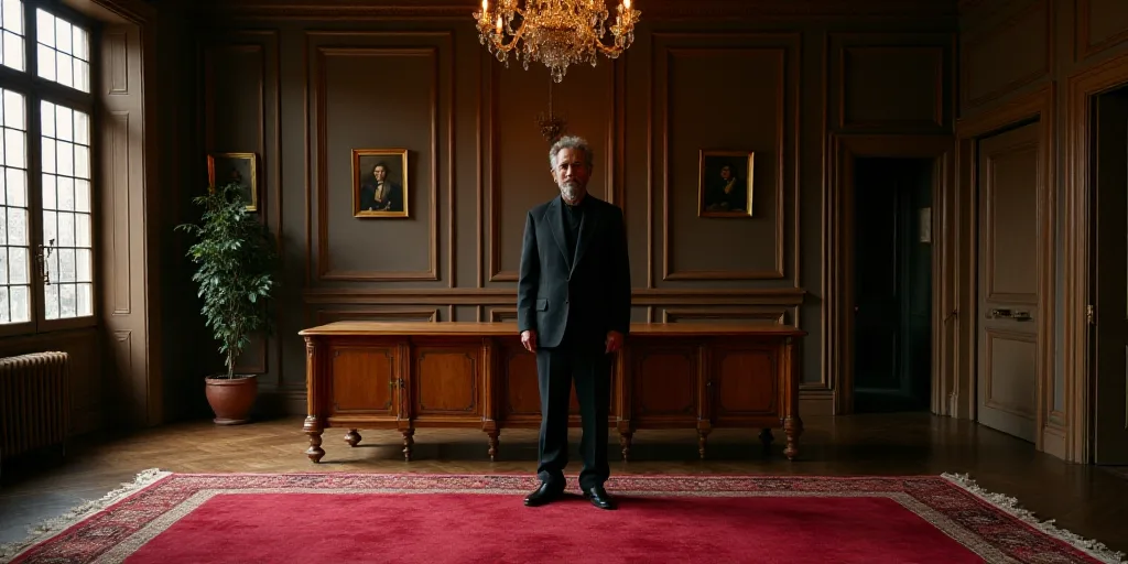 a man standing on a wooden table in a room with a red carpet and a rug on the floor, Enzo Cucchi, th