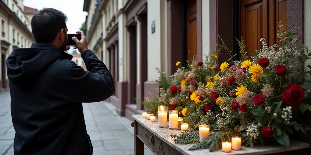 a man taking a picture of a display of flowers and candles on a table outside a building with a man