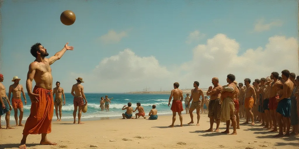 a man tossing a ball in the air while people watch from the beach behind him and a crowd of people s