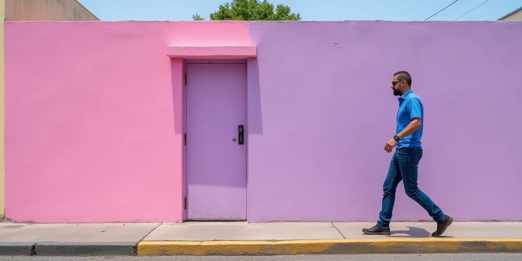 a man walking in front of a building with a pink sign on it's side and a man in a blue shirt and jea