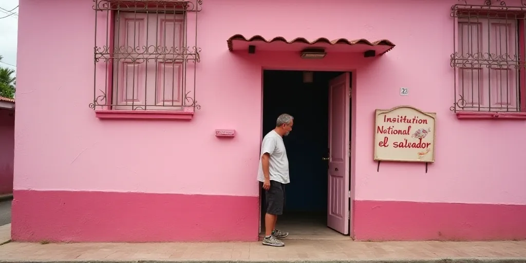 a man walking out of a pink building with a sign that says institution national el salvador on it's
