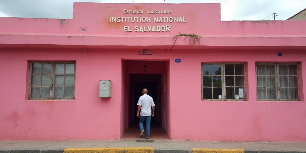 a man walking out of a pink building with a sign that says institution national el salvador on it's