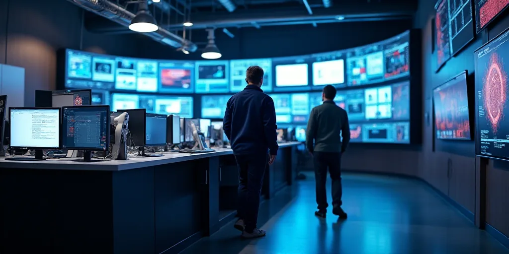 a man walking past a counter with lots of monitors on it's walls and a man in a blue jacket, Andries