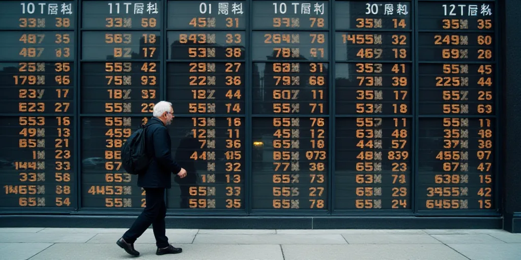 a man walking past a large display of numbers on a wall with a cell phone in his ear and a backpack,