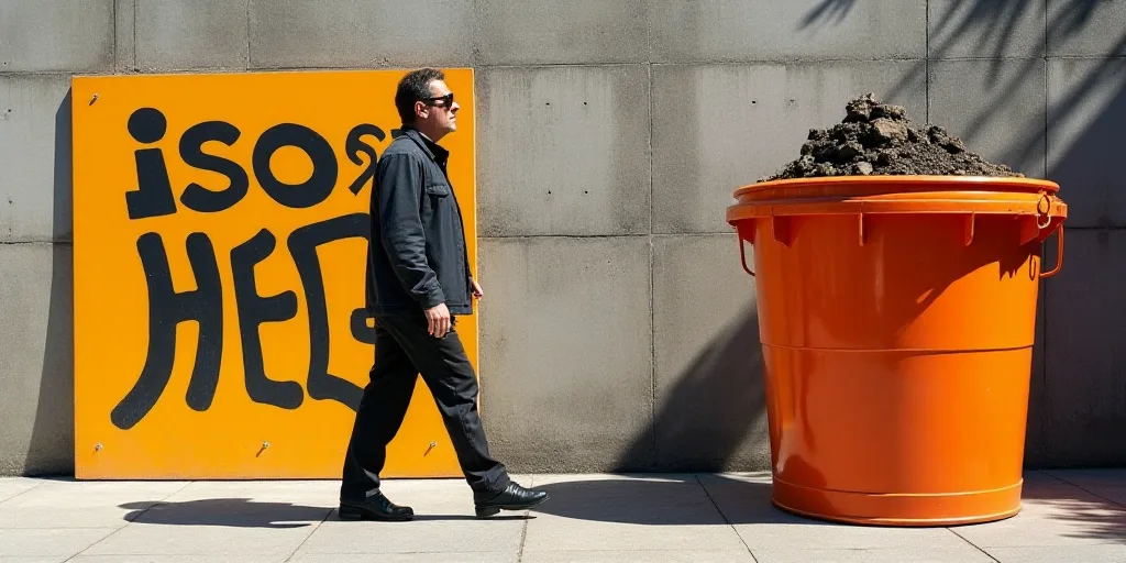 a man walking past a sign with a large logo on it's side and a large orange bucket, Eduardo Lefebvre