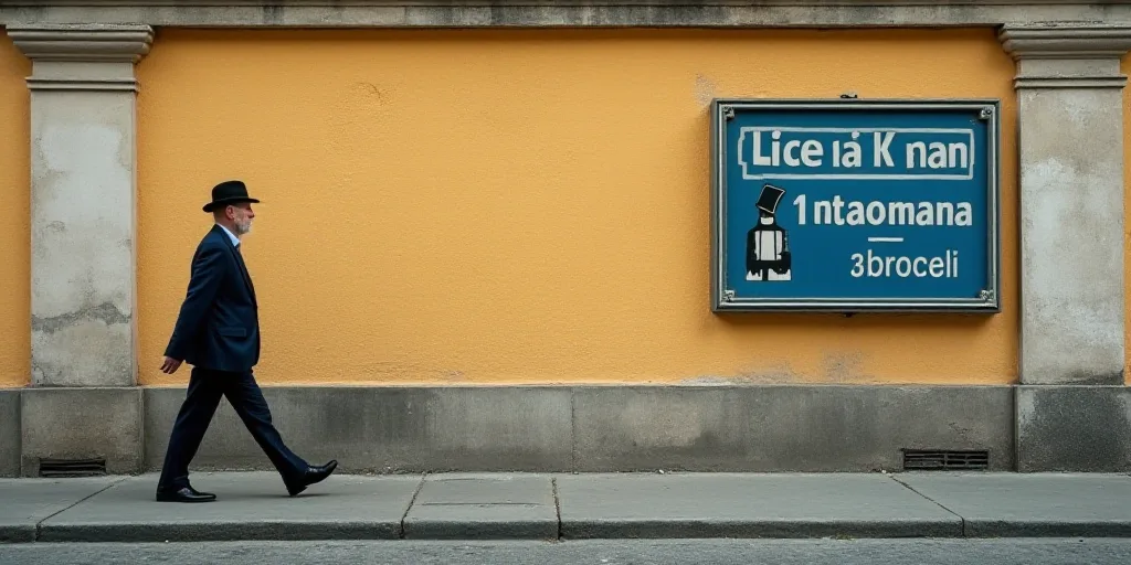 a man walking past a wall street sign on a building wall with a man walking past it and a man in a h