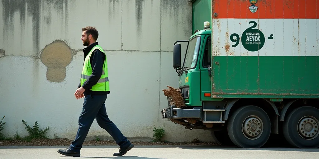 a man walking past a wall with a flag on it and a truck in the background with a man in a green vest