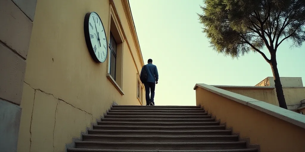 a man walking up the steps of a building with a clock on it's side wall and a tree in the background