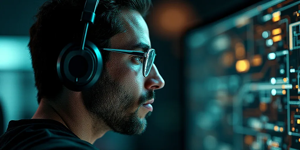 a man wearing headphones and glasses with a circuit board in the background and a digital image of h