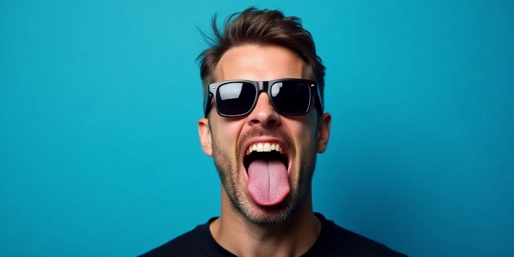 a man wearing sunglasses and a black shirt is making a face with his mouth open and tongue out in fr