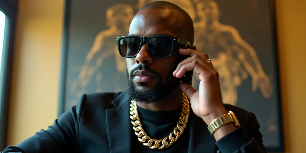 a man wearing sunglasses talking on a cell phone with a poster behind him and a gold chain around hi