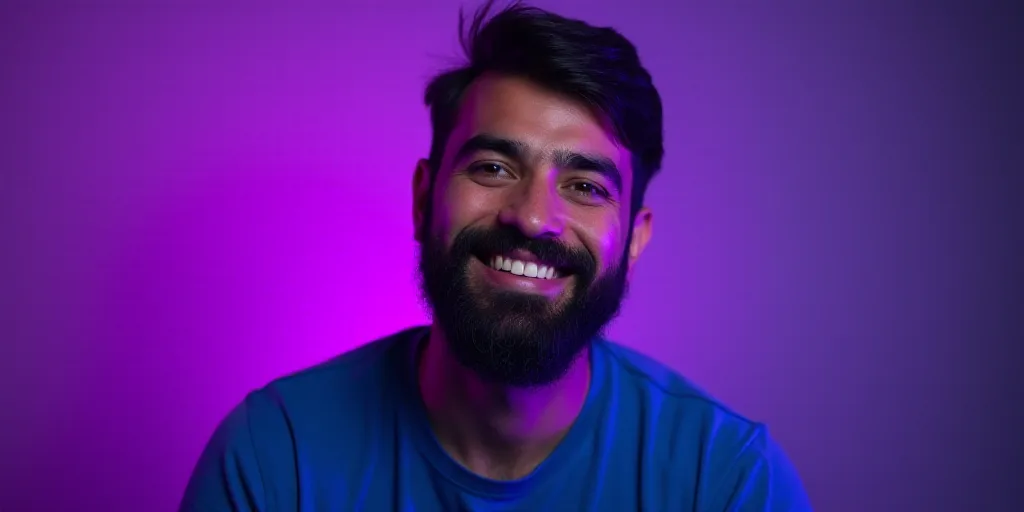a man with a beard and a blue shirt smiling at the camera with a purple light behind him and a purpl