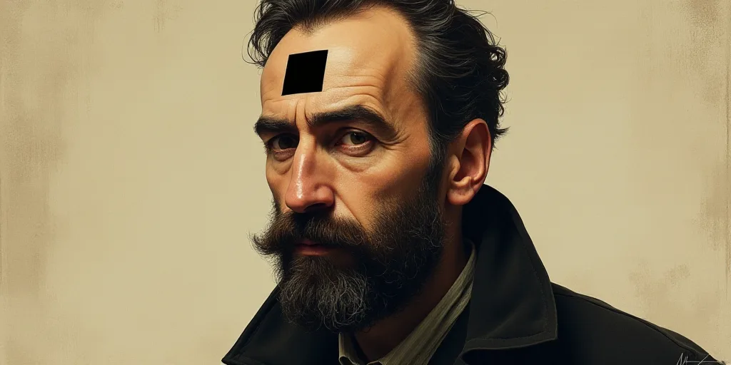 a man with a beard and a mustache has a black square on his forehead and a black square on his foreh