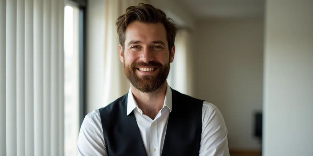 a man with a beard and a vest smiling for a picture in a room with vertical blinds on the wall, Adam