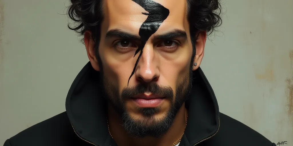 a man with a black strip on his forehead and a black strip on his forehead, with a caption in spanis
