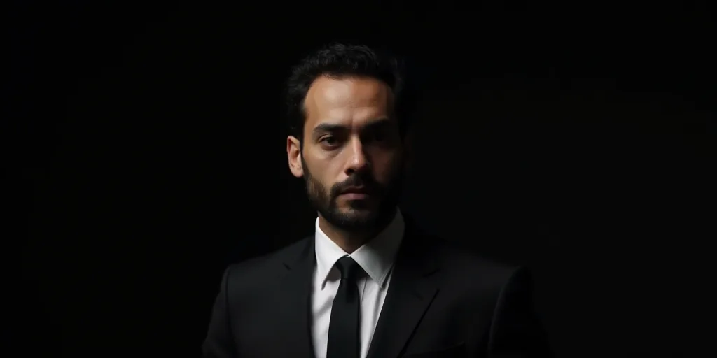 a man with a black tie and a black background with a quote from the book the man in the black suit,