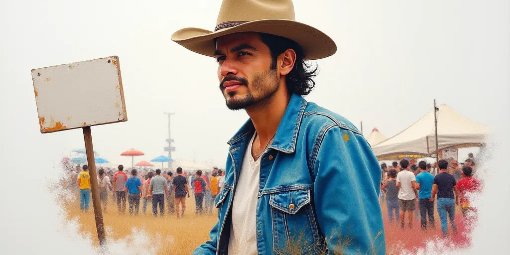 a man with a hat on and a blue jacket on at a festival with a white background and a white sign, Est