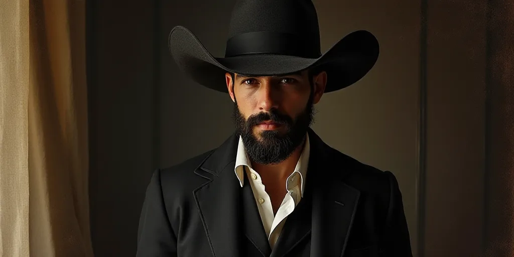 a man with a large hat on his head and a suit on his body, standing in front of a curtain, Cándido