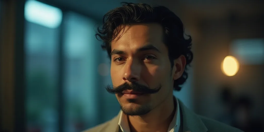 a man with a mustache and a mustache on his head is seen through a screen with a blurry background,