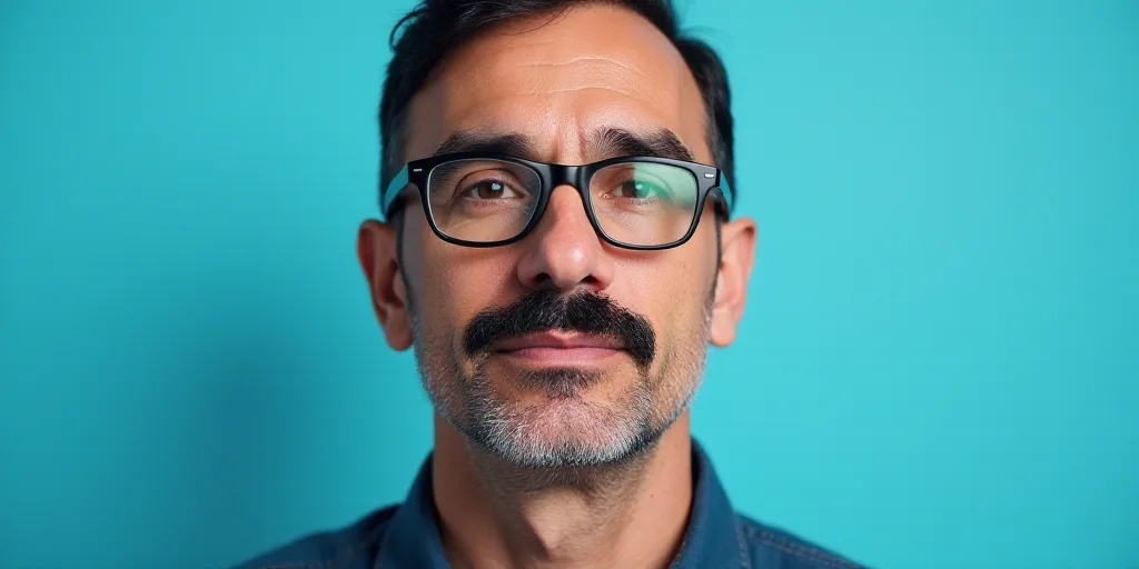 a man with a mustache and glasses on a blue background with the caption of a photo of a man with a m