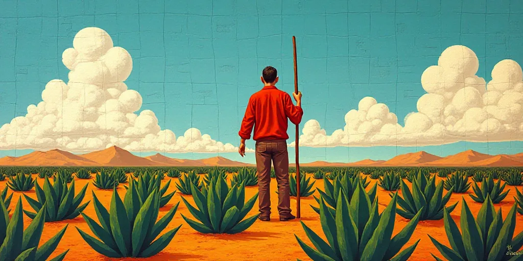 a man with a stick in a field of agaves with a sky background and clouds in the sky, Diego Rivera, b