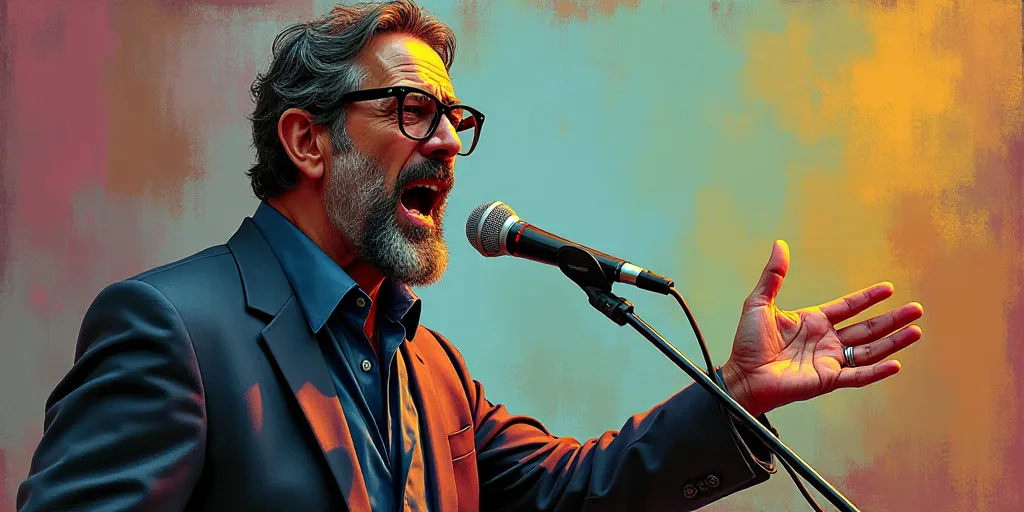a man with glasses and a beard speaking into a microphone with a microphone cord in his hand and a m
