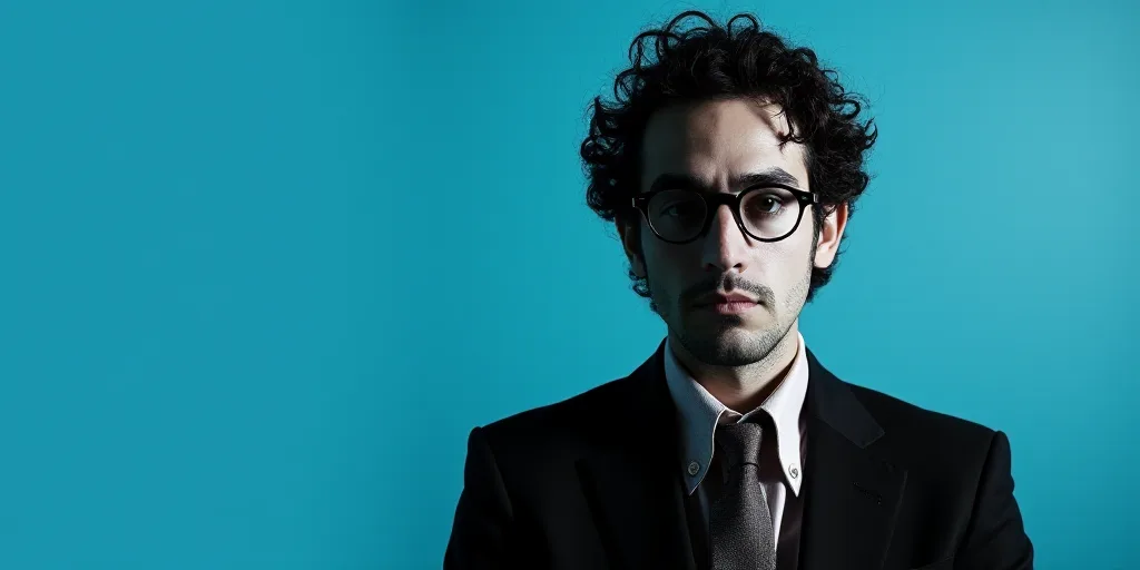a man with glasses and a black suit on a blue background with a black and white photo of him, Carlos