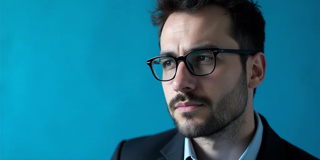 a man with glasses and a blue background with a black and white photo of him and the words, enrique