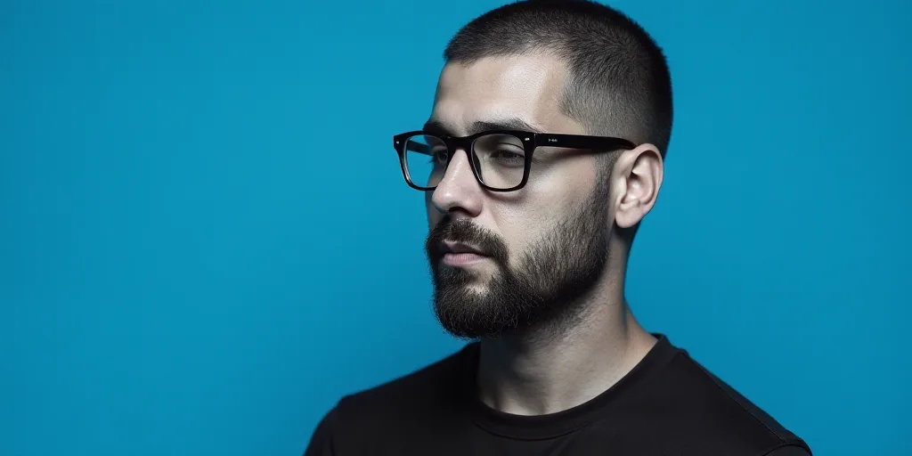 a man with glasses and a blue background with a black and white photo of him and the words, enrique