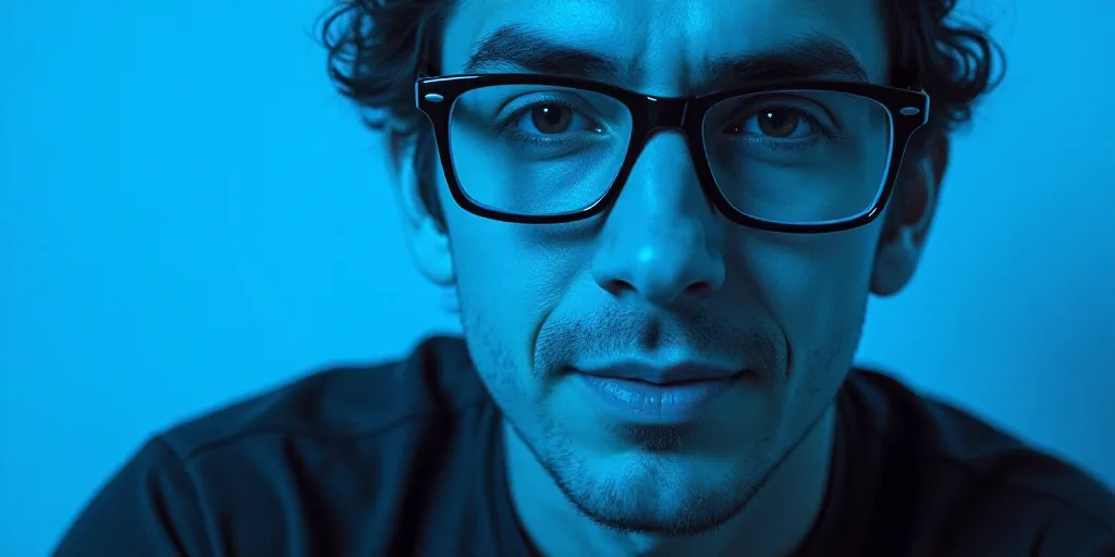 a man with glasses and a blue background with a black and white photo of him and the words, enrique