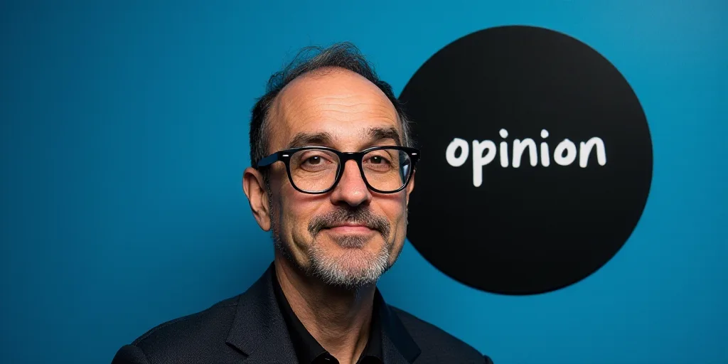 a man with glasses is looking at the camera and has a blue background with a black circle with the w