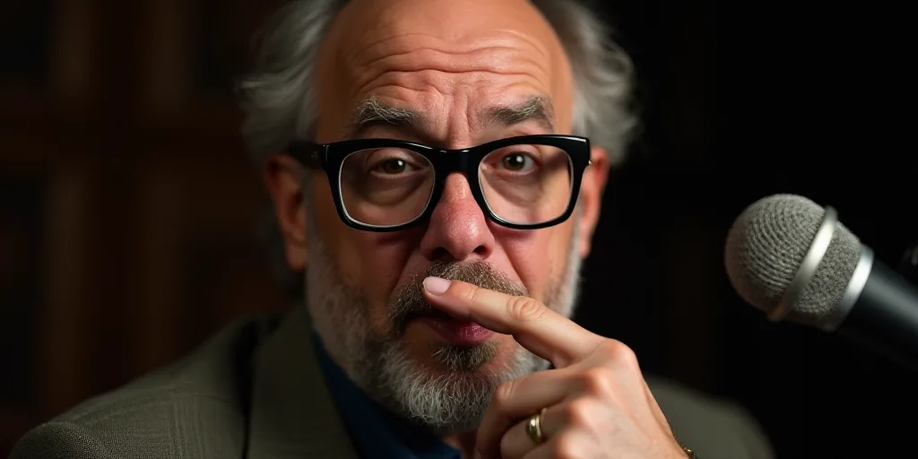 a man with glasses making a funny face with his finger and index finger to his nose, with a micropho