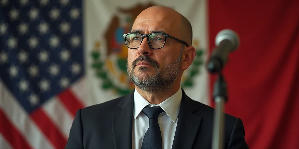a man with glasses standing in front of a flag and a microphone in front of him with a bald head, Ag