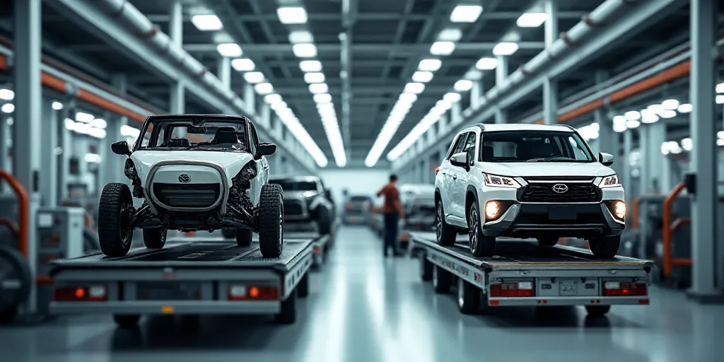 a man working on a car in a factory with a car being assembled on a machine and a car being assemble