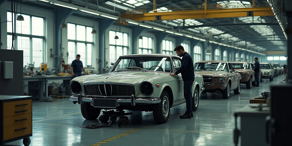 a man working on a car in a factory with workers nearby looking at it and a car being assembled, Dah