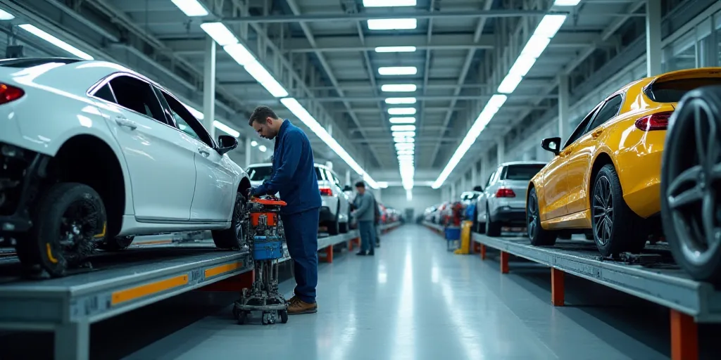 a man working on a car in a factory with a car being assembled on a machine and a car being assemble