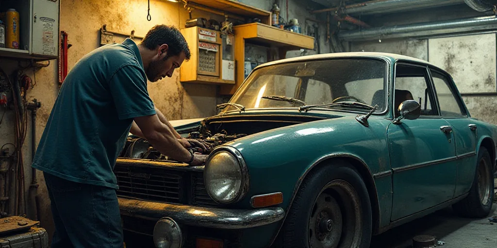 a man working on a car in a garage with a wrench and a wrench in his hand, Dahlov Ipcar, ex machina,