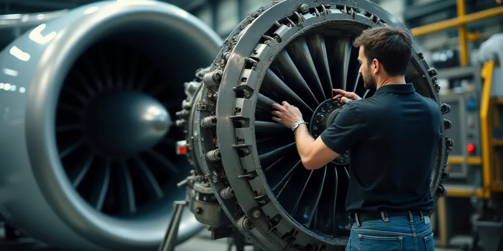a man working on a jet engine in a factory with a large propeller in the background and a man in a b