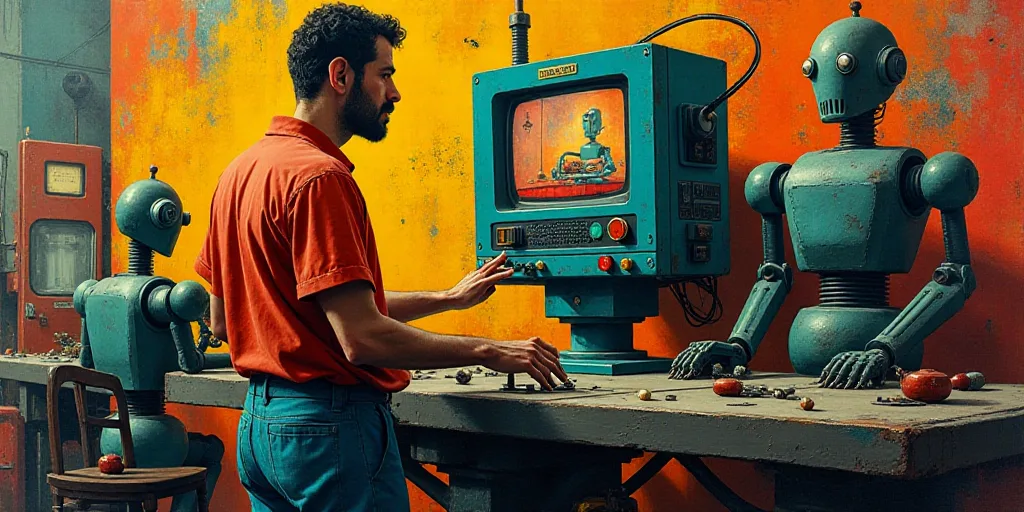 a man working on a machine in a factory with other workers nearby and a monitor on the wall behind h