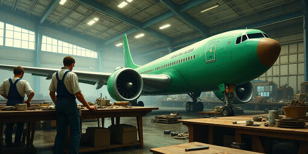 a man working on a plane in a factory with other workers in the background and a green plane on the