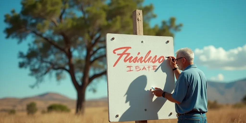 a man writing on a sign with a marker in his hand and a tree in the background with a blue sky, Fede