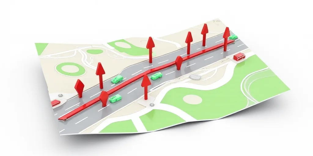 a map of a highway with a lot of red and green arrows pointing to the road directions and directions