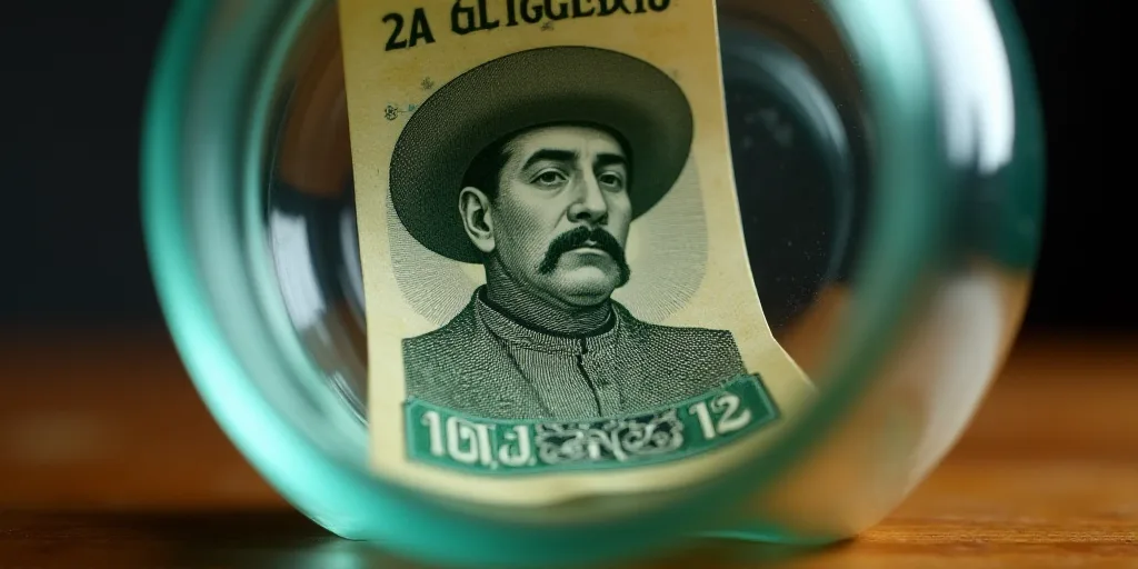 a mexican currency is seen in this picture taken from the bottom of a glass container with a picture