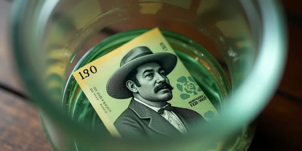 a mexican currency is seen in this picture taken from the bottom of a glass container with a picture